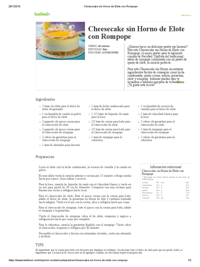 Cheesecake Sin Horno de Elote Con Rompope | PDF | Tarta de queso | Postres