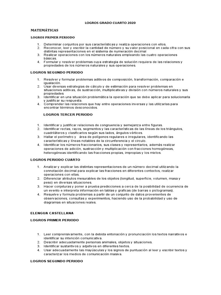 Logros Matemáticos Cuarto Grado 2020 | PDF | Fracción (Matemáticas ...