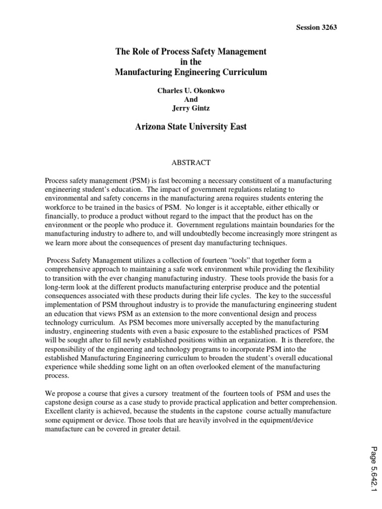 Integrating Process Safety in Engineering Curriculum | PDF ...