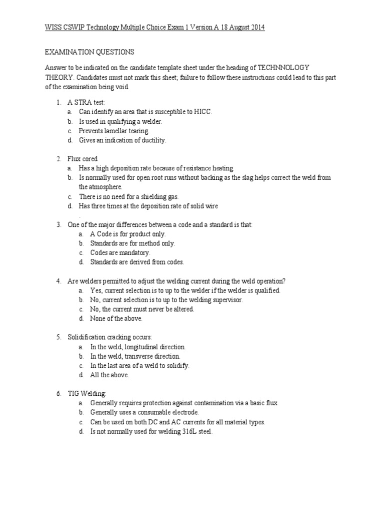WISS CSWIP Welding Exam Questions | PDF | Welding | Construction