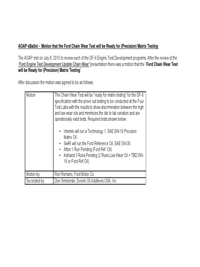 Aoap Eballot - Motion That The Ford Chain Wear Test Will Be Ready For ...