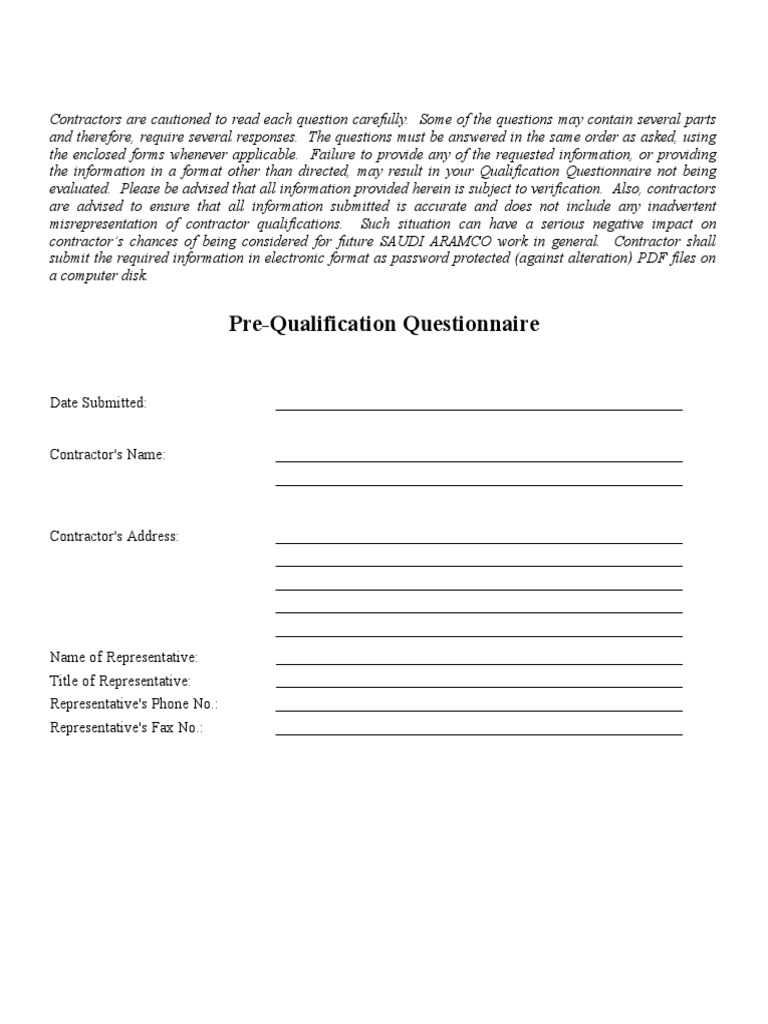 Pre-Qualification Questionnaire for Contractors | PDF | Résumé | Business