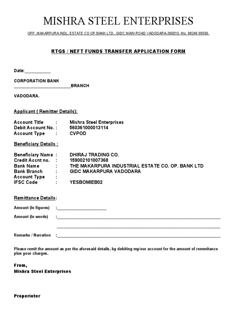 RTGS/NEFT Transfer Application Form | PDF | Banks | Banking