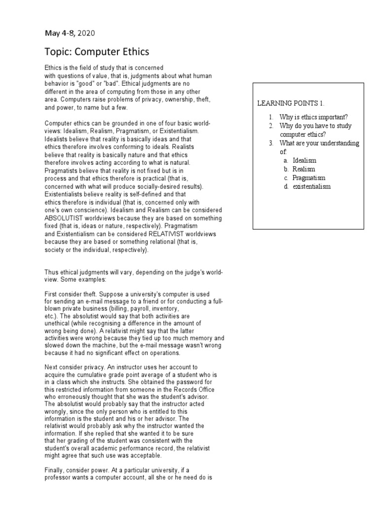 Types of Computer Ethics and Examples of Unethical Computer Use | PDF ...