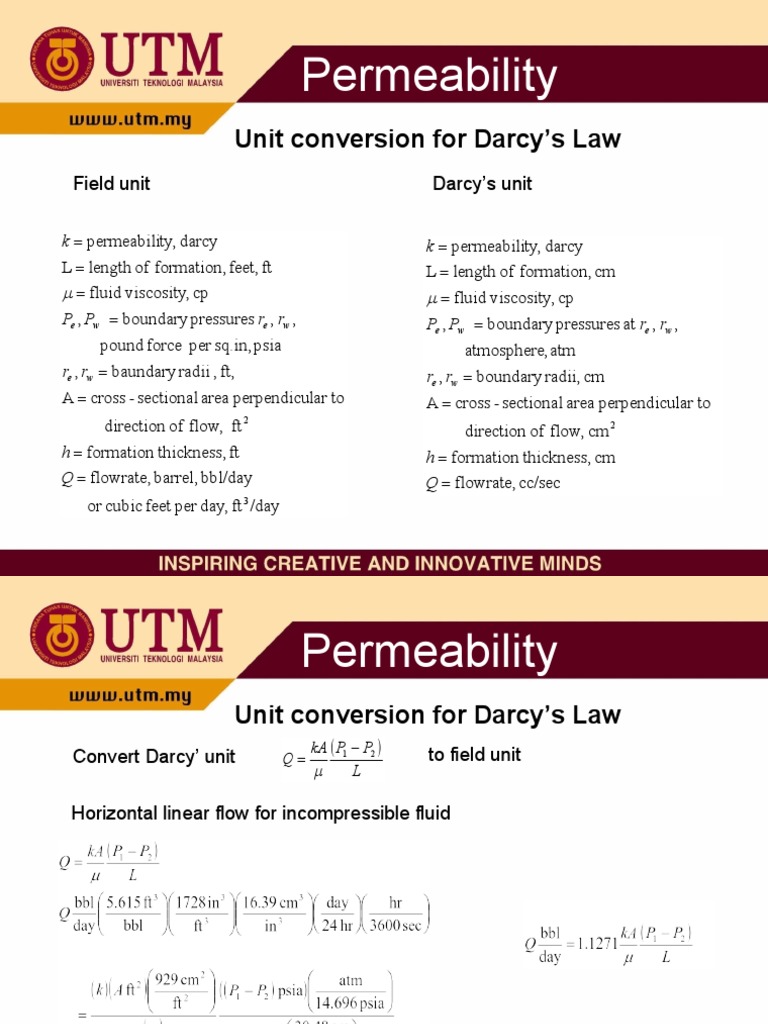 Darcy's Law Permeability Conversion Guide | PDF | Pressure | Fluid Dynamics