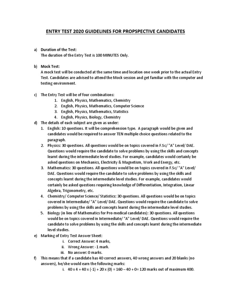 Entry Test 2020 Guidelines For Propspective Candidates | PDF | Teaching ...