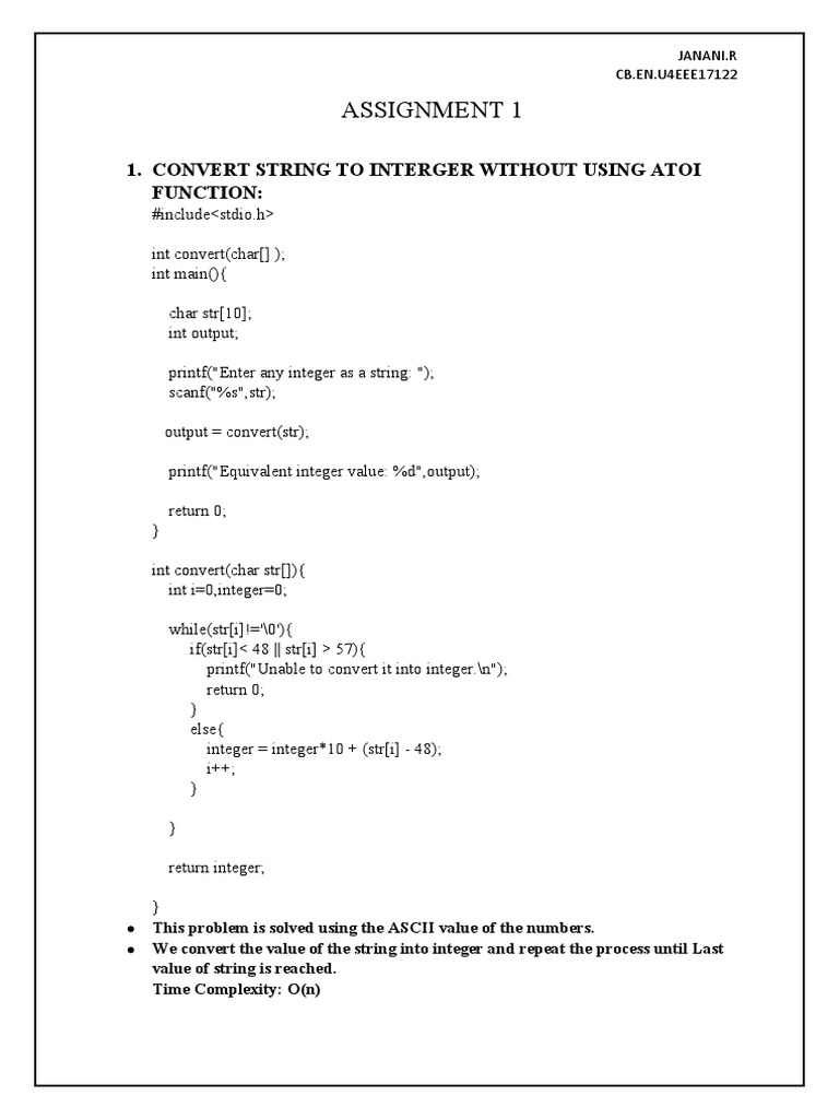 Assignment 1: 1. Convert String To Interger Without Using Atoi Function ...
