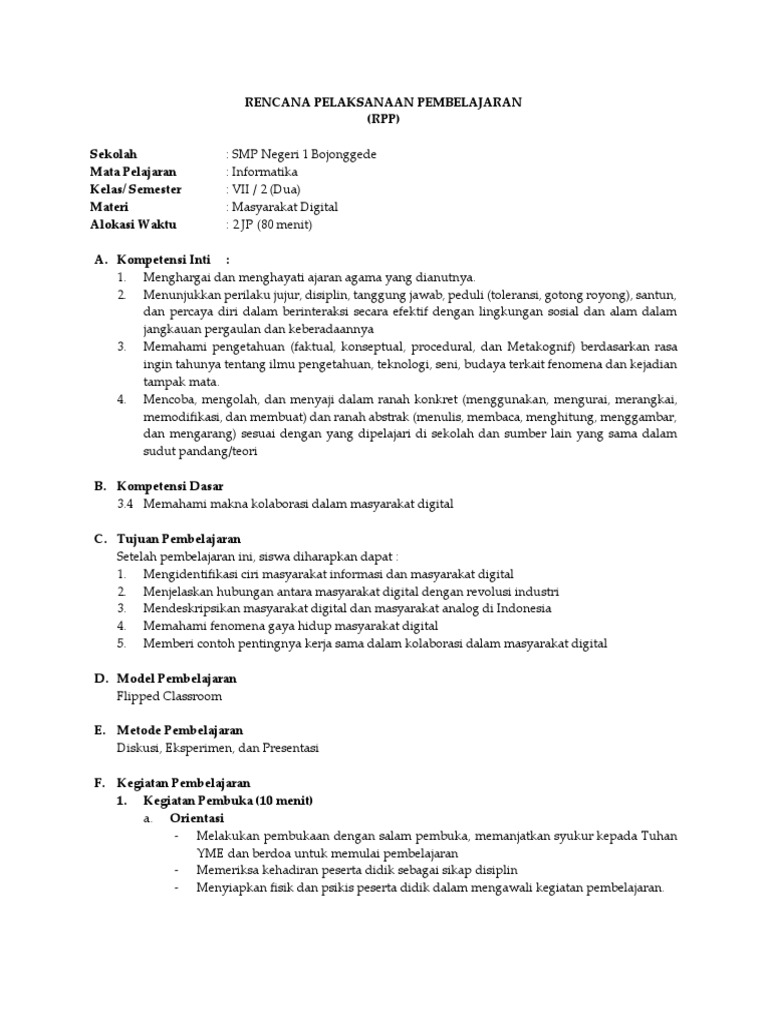RPP Informatika Kelas 7: Masyarakat Digital | PDF | Karier ...
