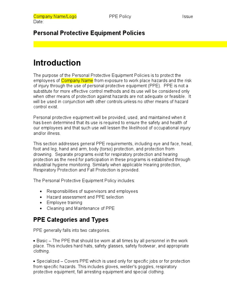 Personal Protective Equipment Policies PDF Personal Protective Equipment Working Conditions