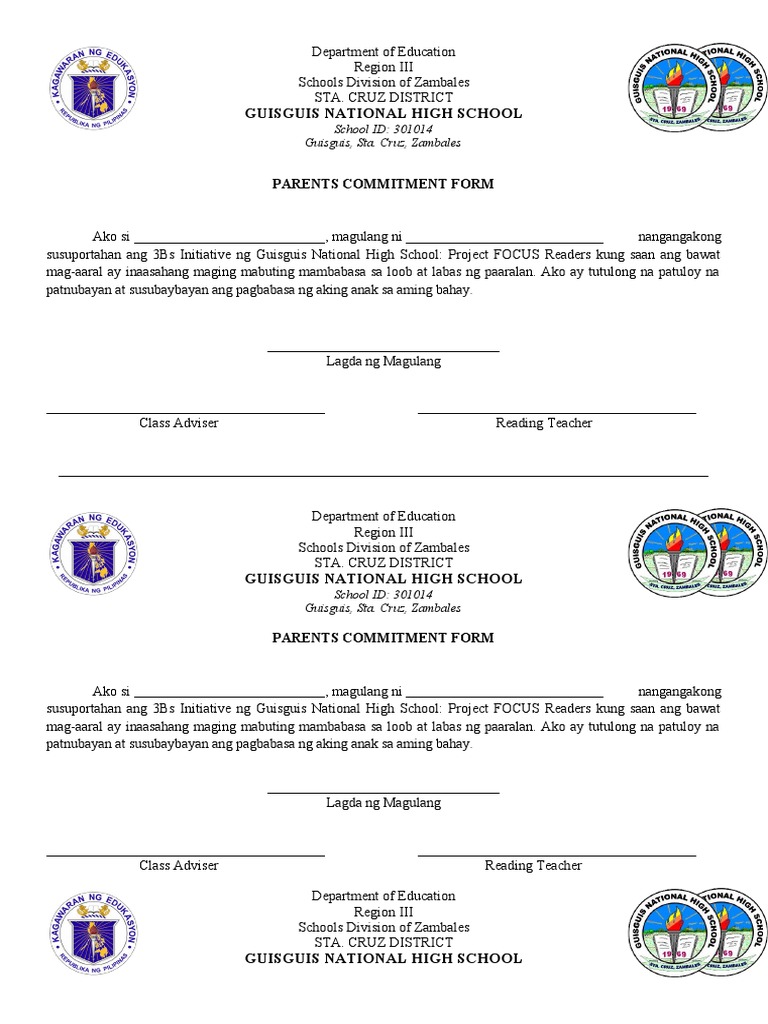 Parents Commitment Form for 3Bs Initiative | PDF | Wellness