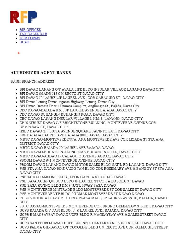 BIR RDO 132 - Authorized Agent Banks | PDF