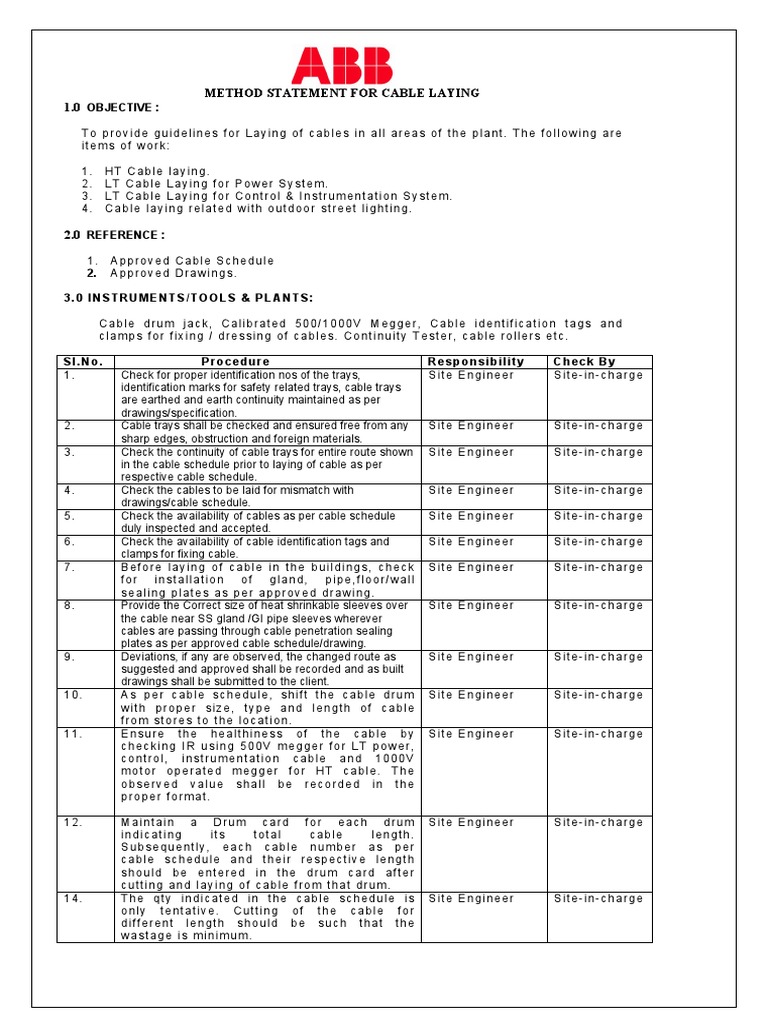 Method Statement For Cable Laying 1.0 Objective Pipe (Fluid