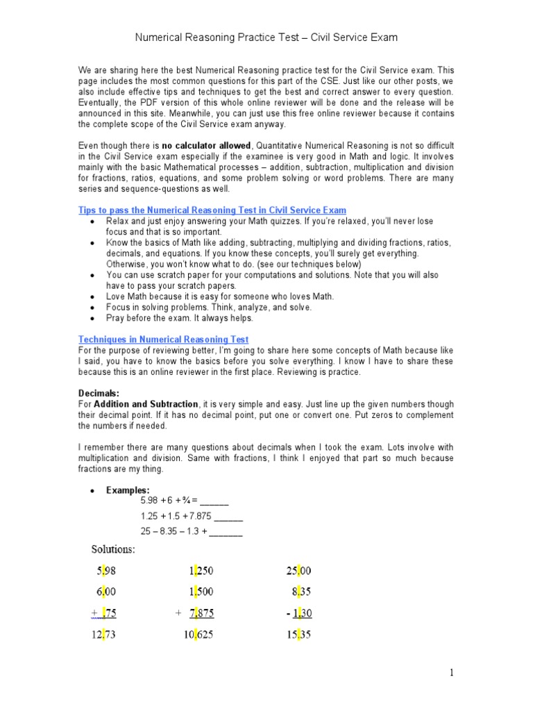Numerical Reasoning Practice Test - Civil Service Examination | PDF ...