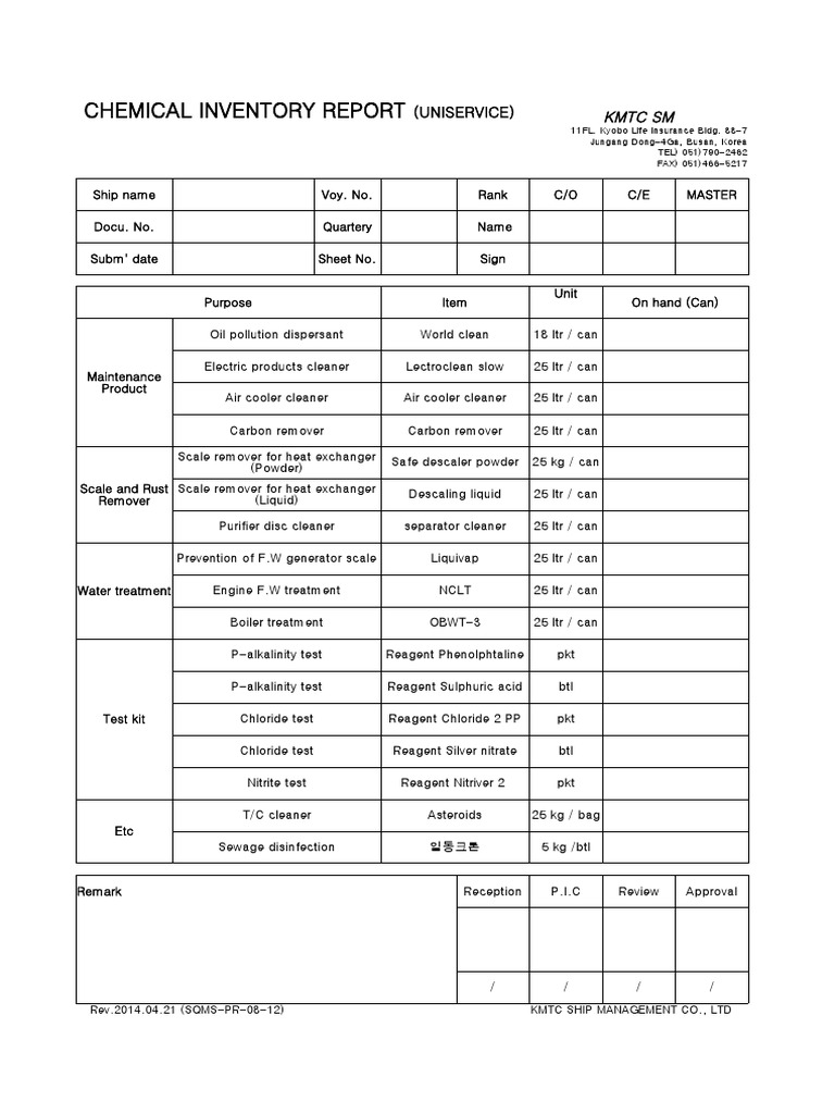 Chemical Inventory Report (Uniservice) PDF Heat Exchanger