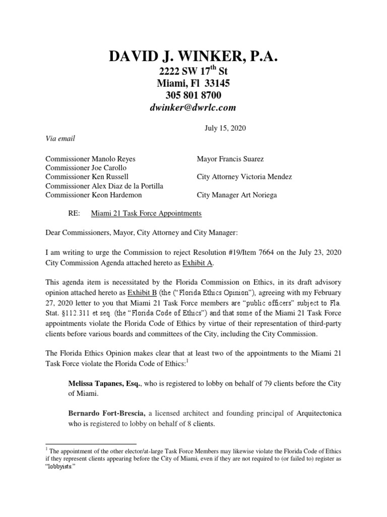 Miami 21 Task Force Ethics Concerns | PDF | Conflict Of Interest |  Employment