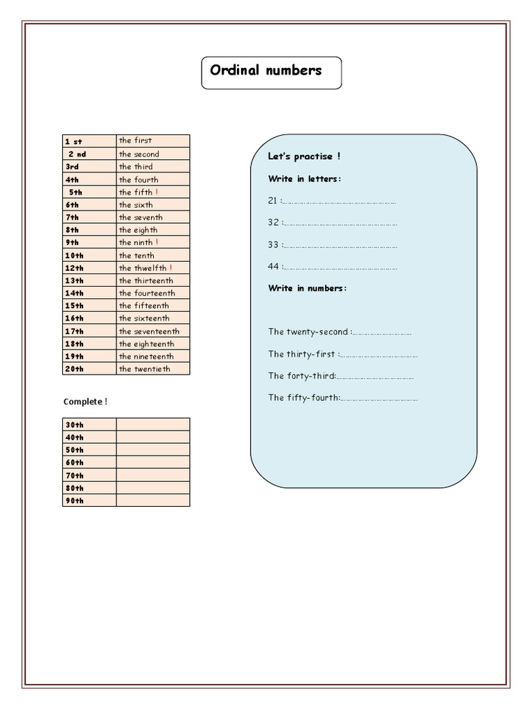 Ordinal Numbers And Dates Pdf