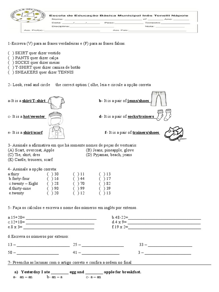 Prova de Ingles 4 Ano | PDF | Roupas | Bens de consumo