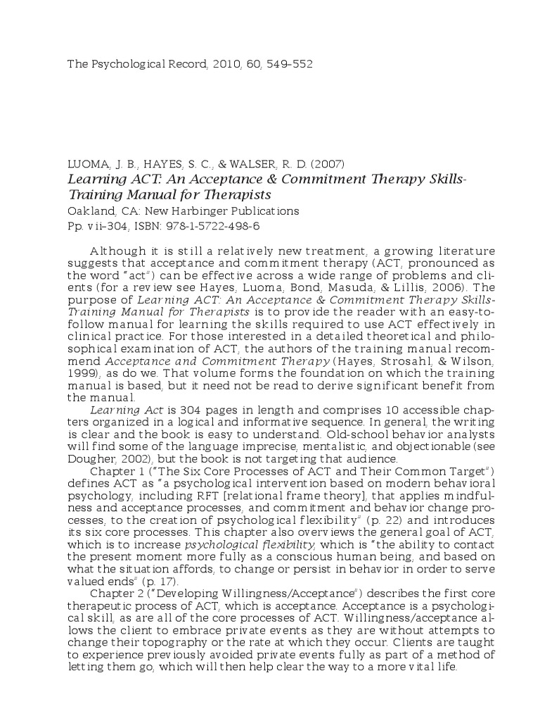 Learning Act An Acceptance And Commitment Therapy Skills Training Manual For Therapists Pdf