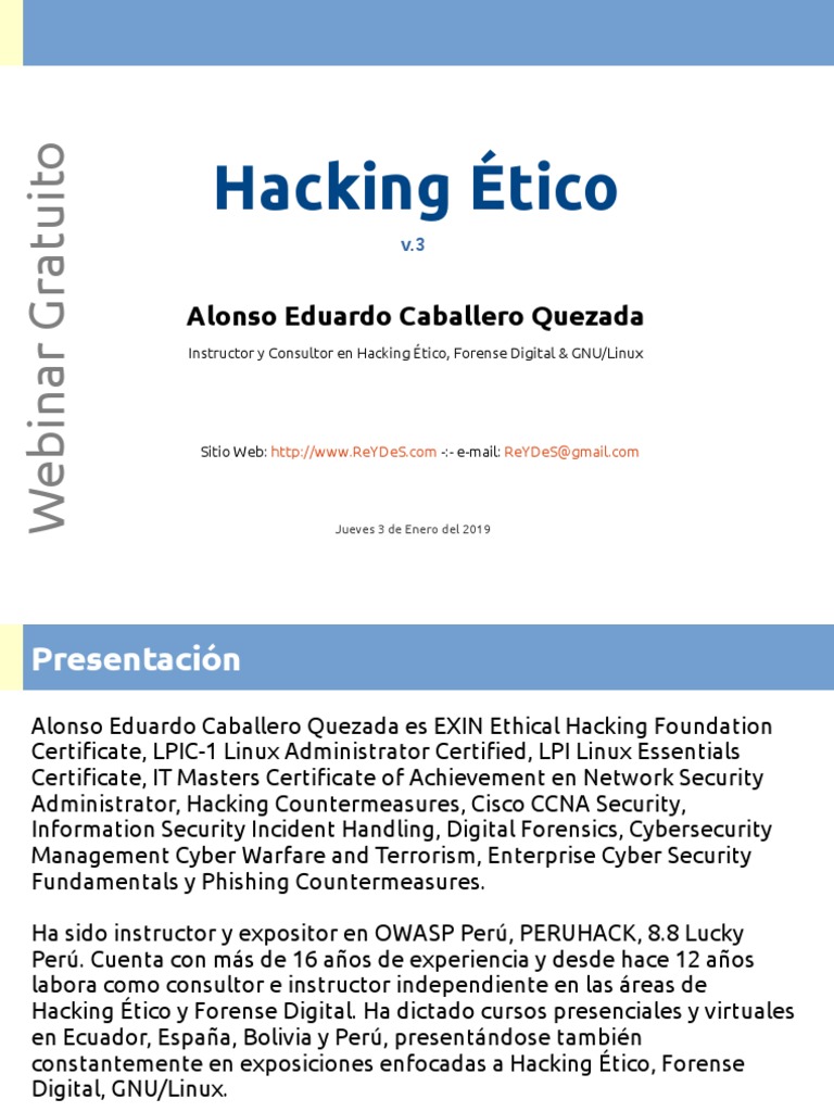 Webinar Gratuito: Hacking Ético | PDF | Hacker de seguridad | Prueba de ...