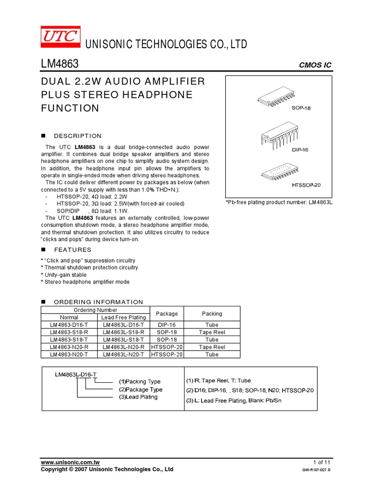 Datasheet - LM4863D | PDF | Amplifier | Electrical Engineering