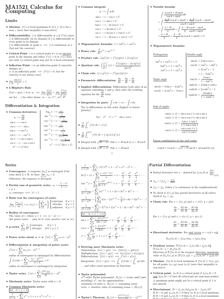 MA1521 Calculus Reference Guide | PDF | Trigonometric Functions ...