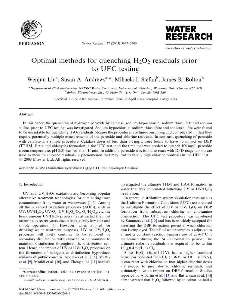 Quenching H2O2 for UFC Testing | PDF | Hydrogen Peroxide | Chlorine