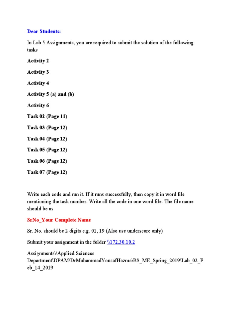 Lab 5 Assignment Submission Guidelines | PDF
