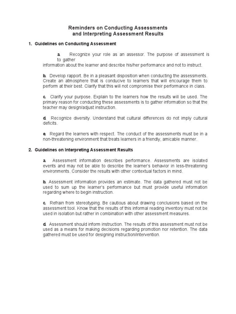 Reminders On Conducting Assessments and Interpreting Assessment Results ...