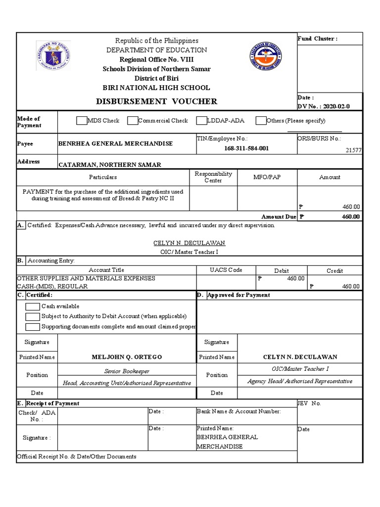 Disbursement Voucher Republic of The Philippines PDF Payments Cheque