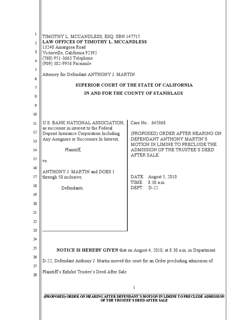 Prop Proposed ORDER AFTER HEARING On Motion in Limine To Preclude