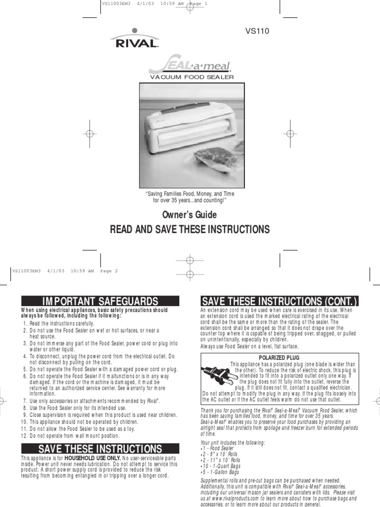 Seal A Meal Rival VS 110 Manual PDF Refrigerator Foods