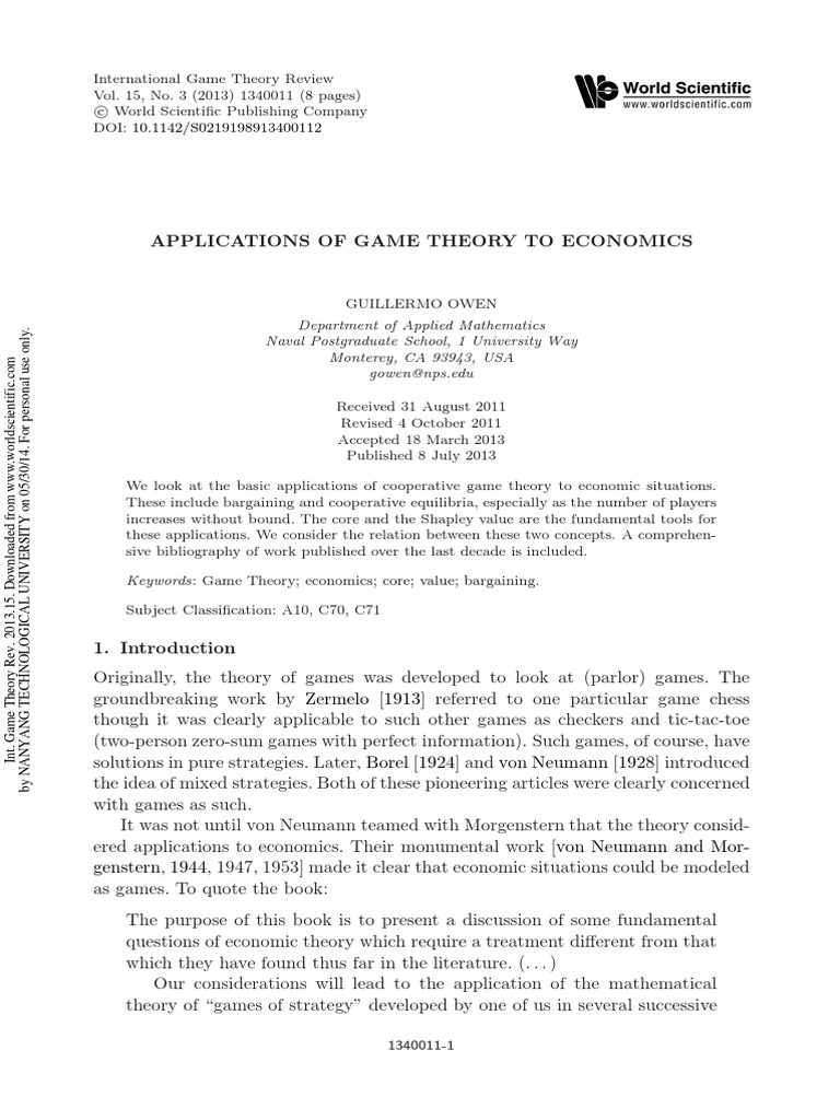 Applications in Game Theory and Economics. 1999 | PDF | Game Theory ...