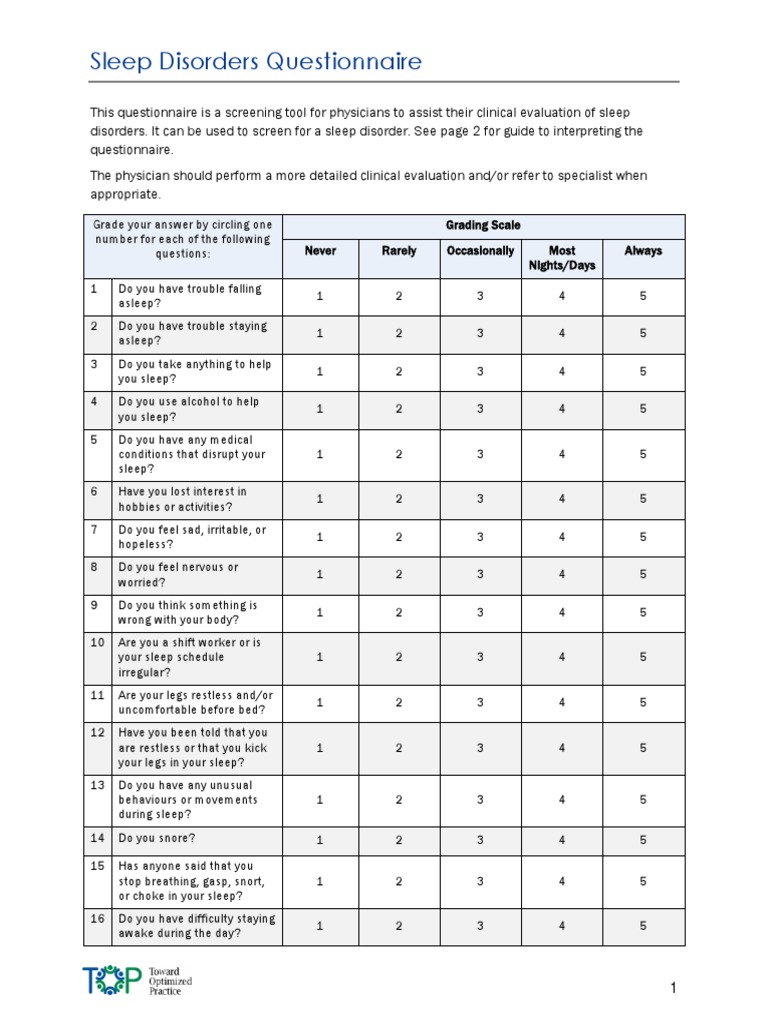 Sleep Disorders Screening Questionnaire | PDF | Insomnia | Sleep