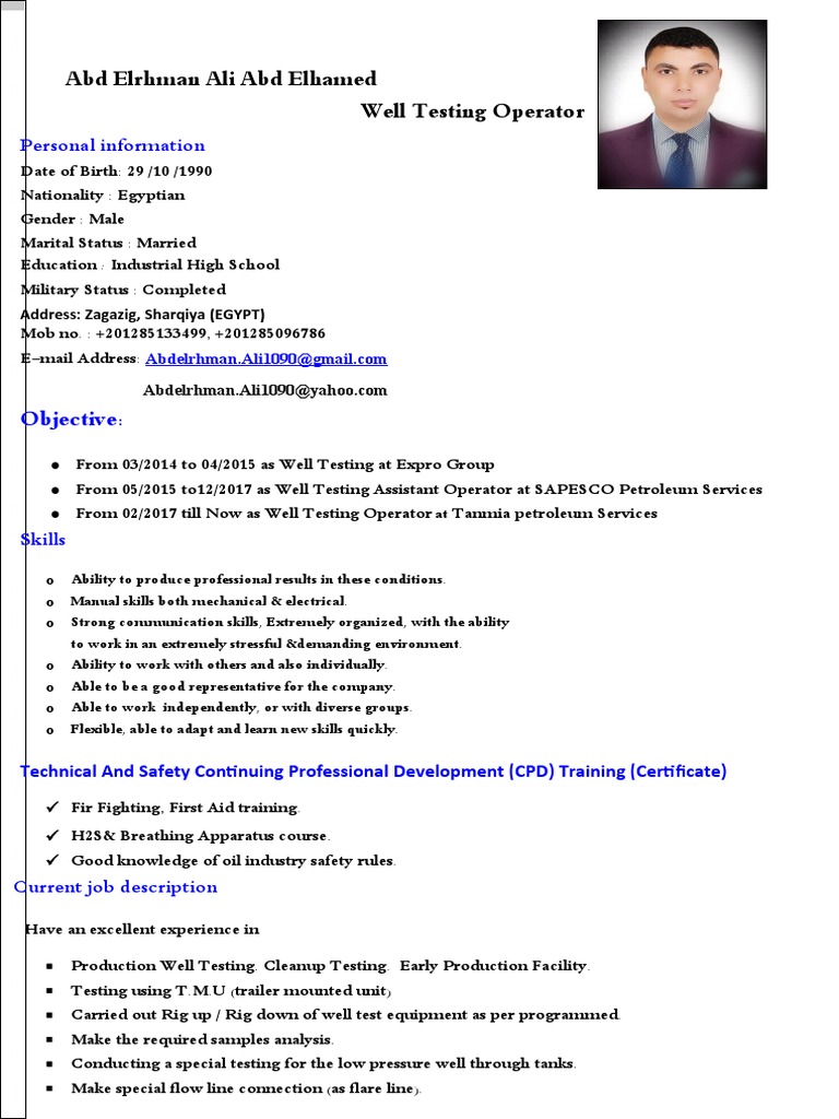 Well Testing Operator Resume | PDF