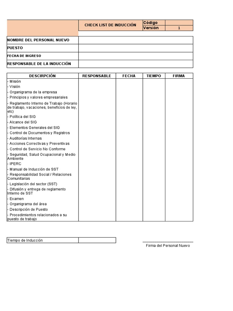 Check List de Inducción de Personal | PDF | Finanzas y dinero