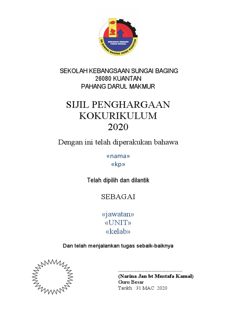 Template Sijil Kokurikulum Pdf