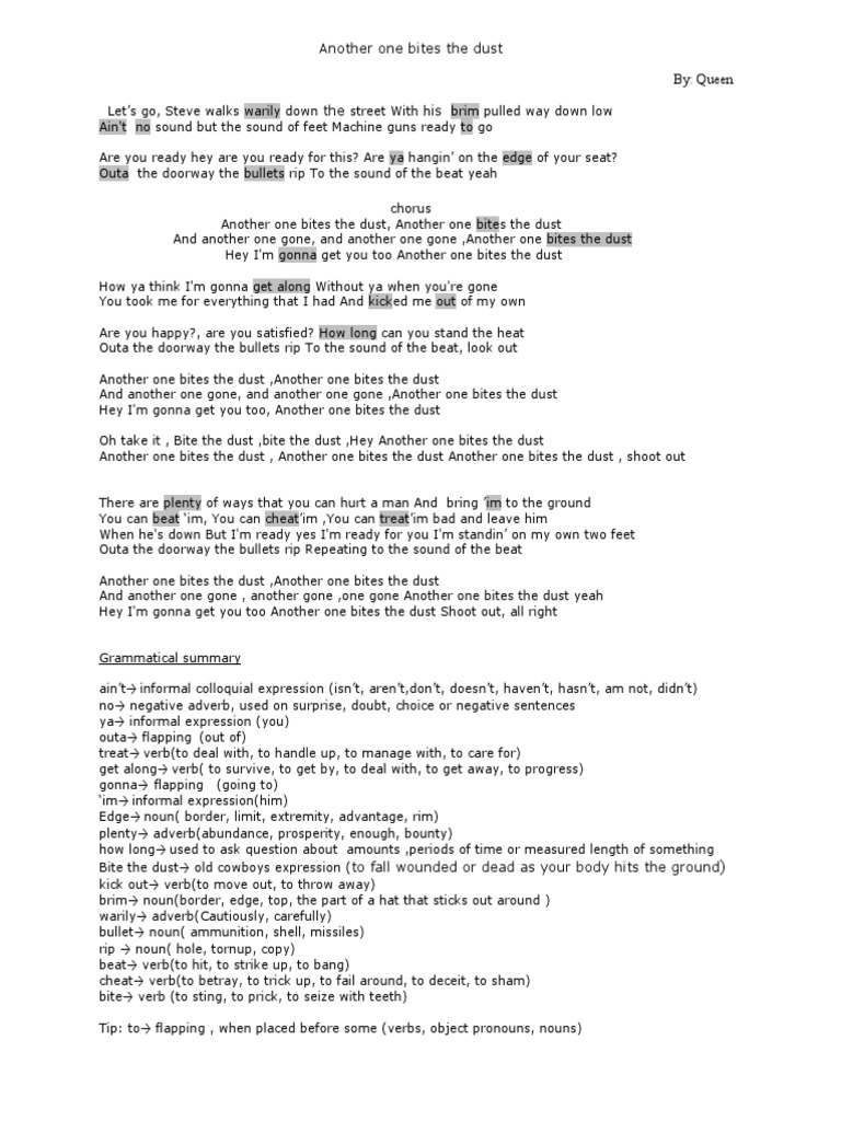 Another One Bites The Dust PDF Verb Noun