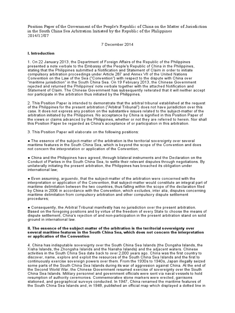 Position Paper | PDF | Exclusive Economic Zone | Territorial Waters