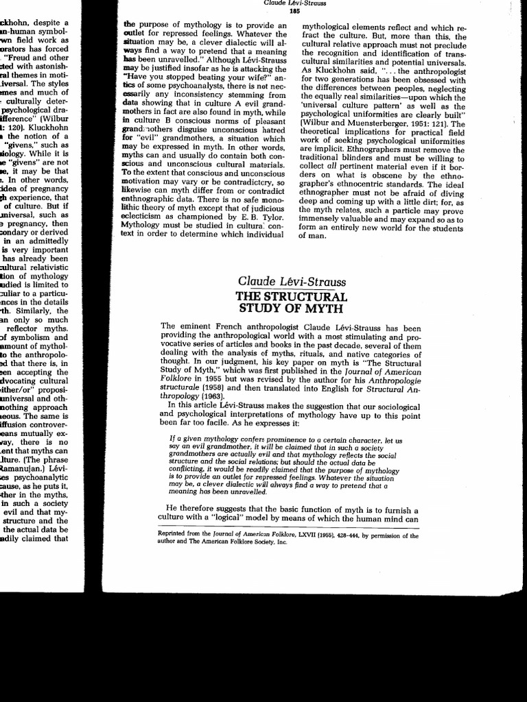 The Structural Study of Myth - Claude Lévi-Strauss | PDF