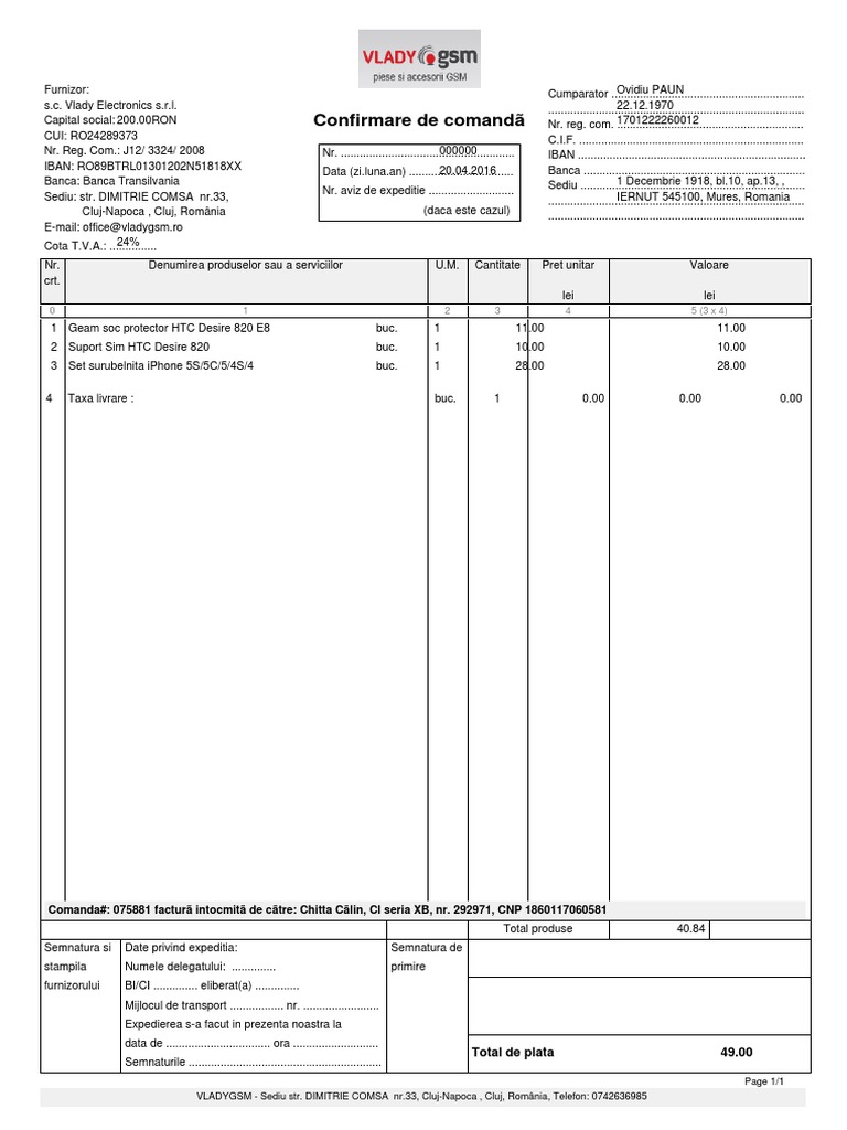 Confirmare de Comandã | PDF