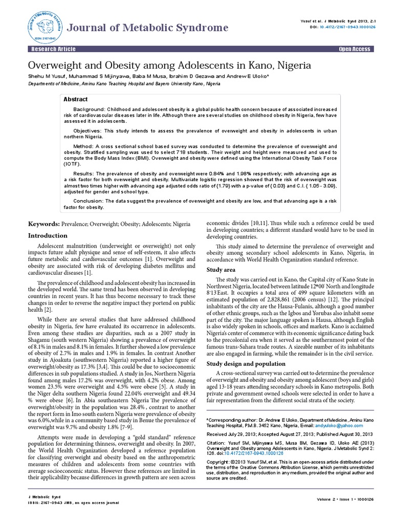 Overweight And Obesity Among Adolescents In Kano Nigeria 2167 0943 Body Mass Index Childhood Obesity