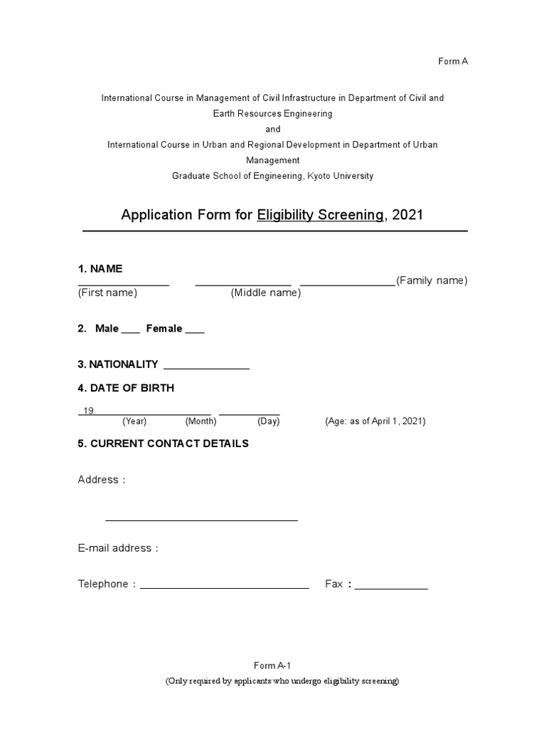 Application Form For Eligibility Screening, 2021: 1. Name | PDF ...