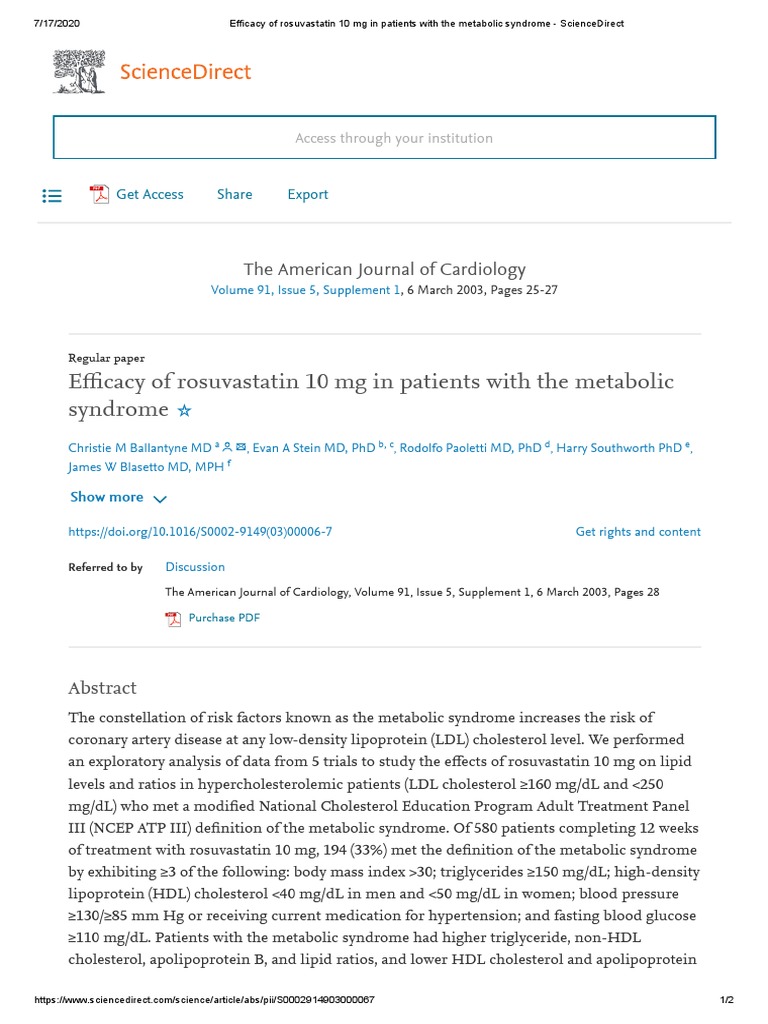 Efficacy of Rosuvastatin 10 MG in Patients With The Metabolic Syndrome