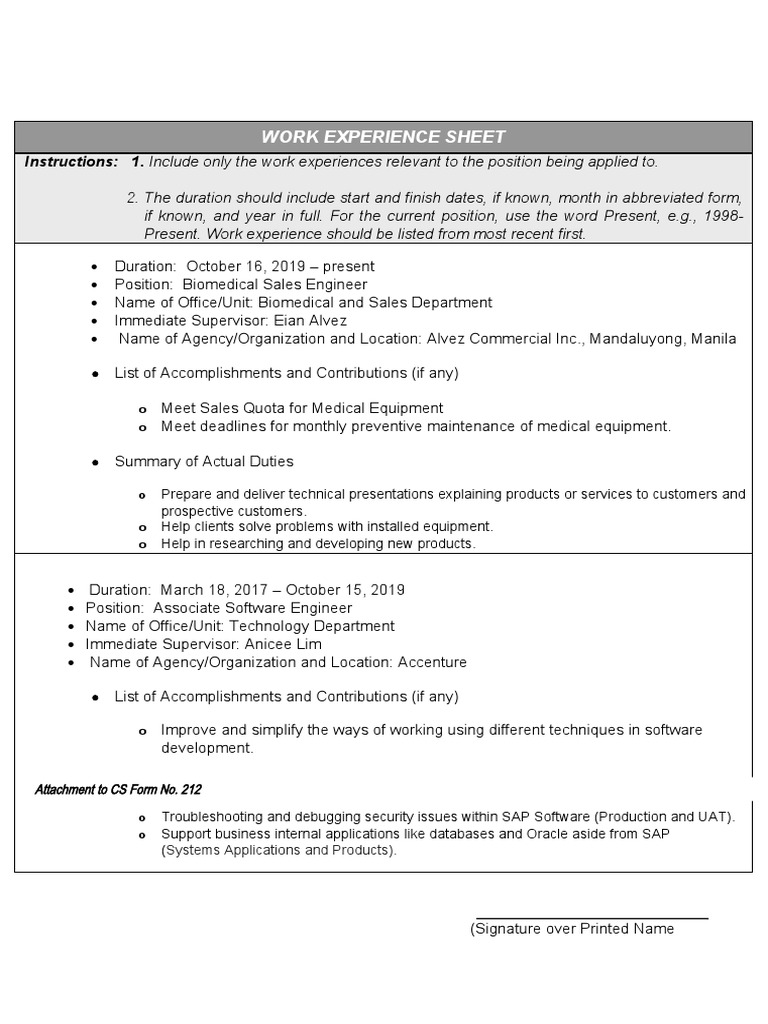CS Form No. 212 Attachment - Work Experience Sheet