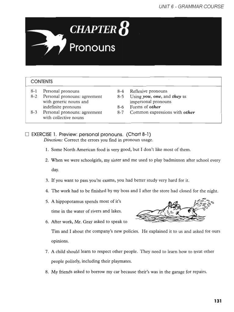 EXERCISE 1. Preview: Personal Pronouns. (Chart 8-1) : Directions | PDF |  Grammatical Number | Pronoun