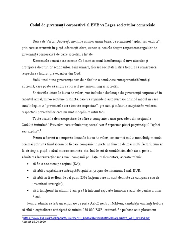 Codul de Guvernanta Corporativa Al BVB vs. Legea 311990 PDF