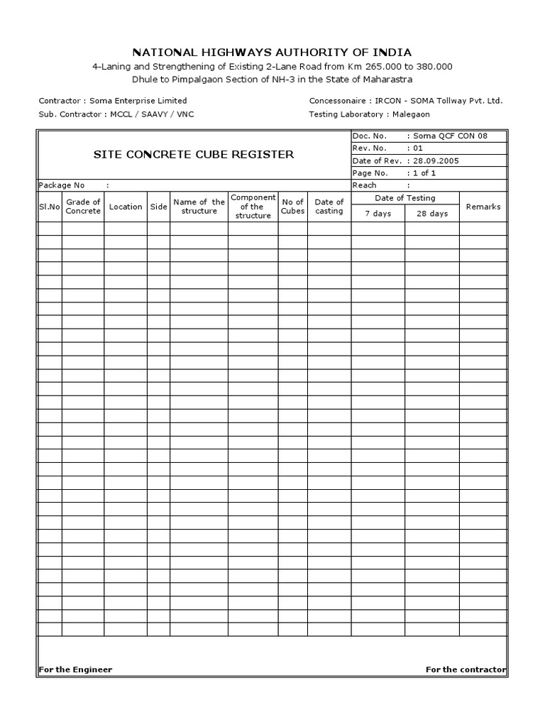 Concrete Cube Strength Register Format | PDF | Technology & Engineering