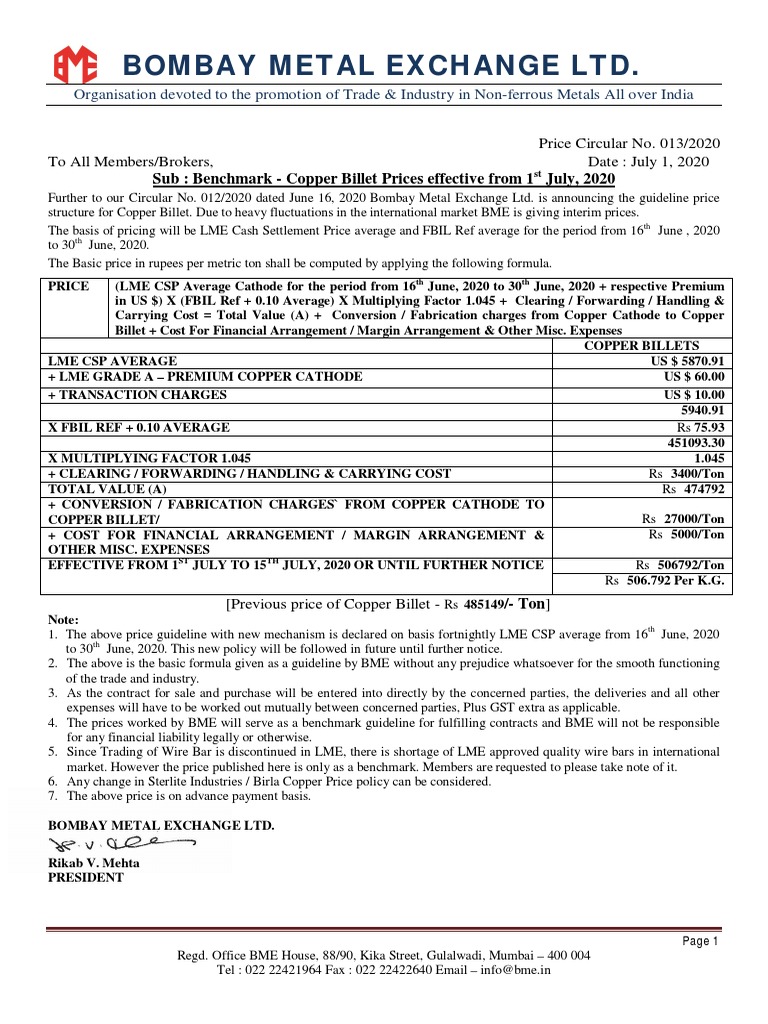 Bombay Metal Exchange LTD. Sub Benchmark Copper Billet Prices