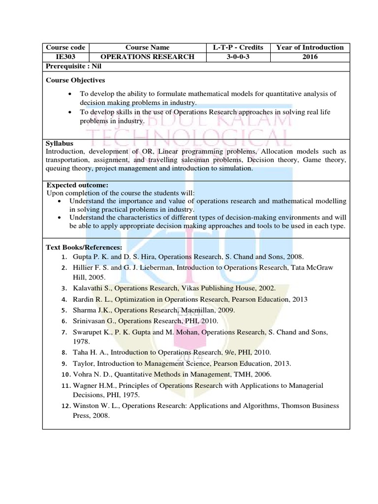 Operations Research Course Outline IE303 | PDF | Operations Research ...