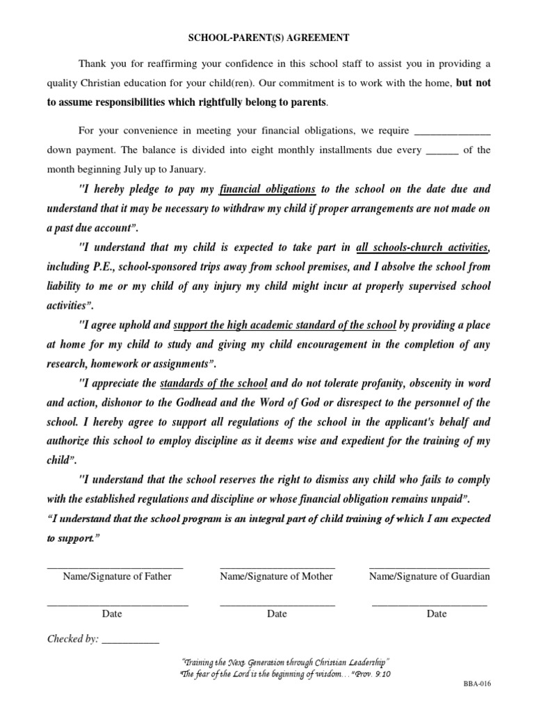 School-Parent Agreement for Christian Education | PDF | Social ...